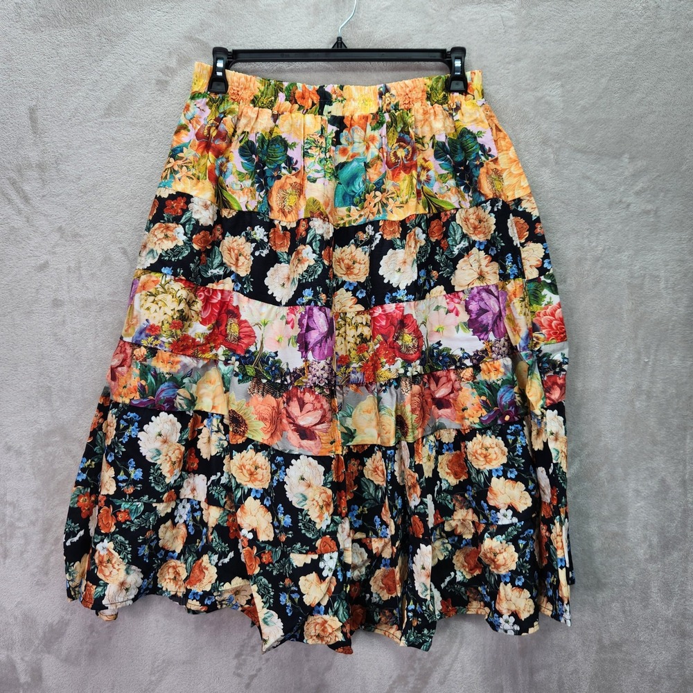 Calessa Skirt Womens XL Black Floral Patchwork Tiered Midi Lined Broomstick Boho